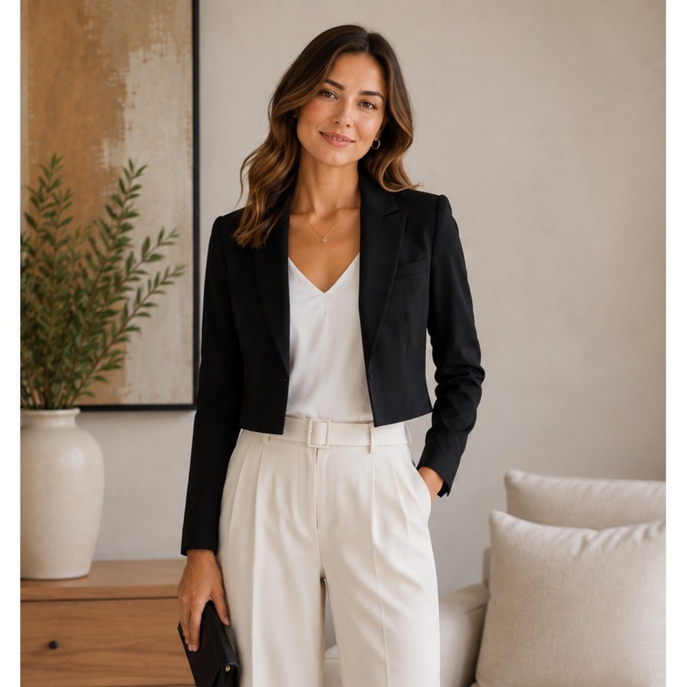 NWOT WHBM Women's Black Cropped Tailored Blazer Jacket with Sleeve Buttons Sz 2